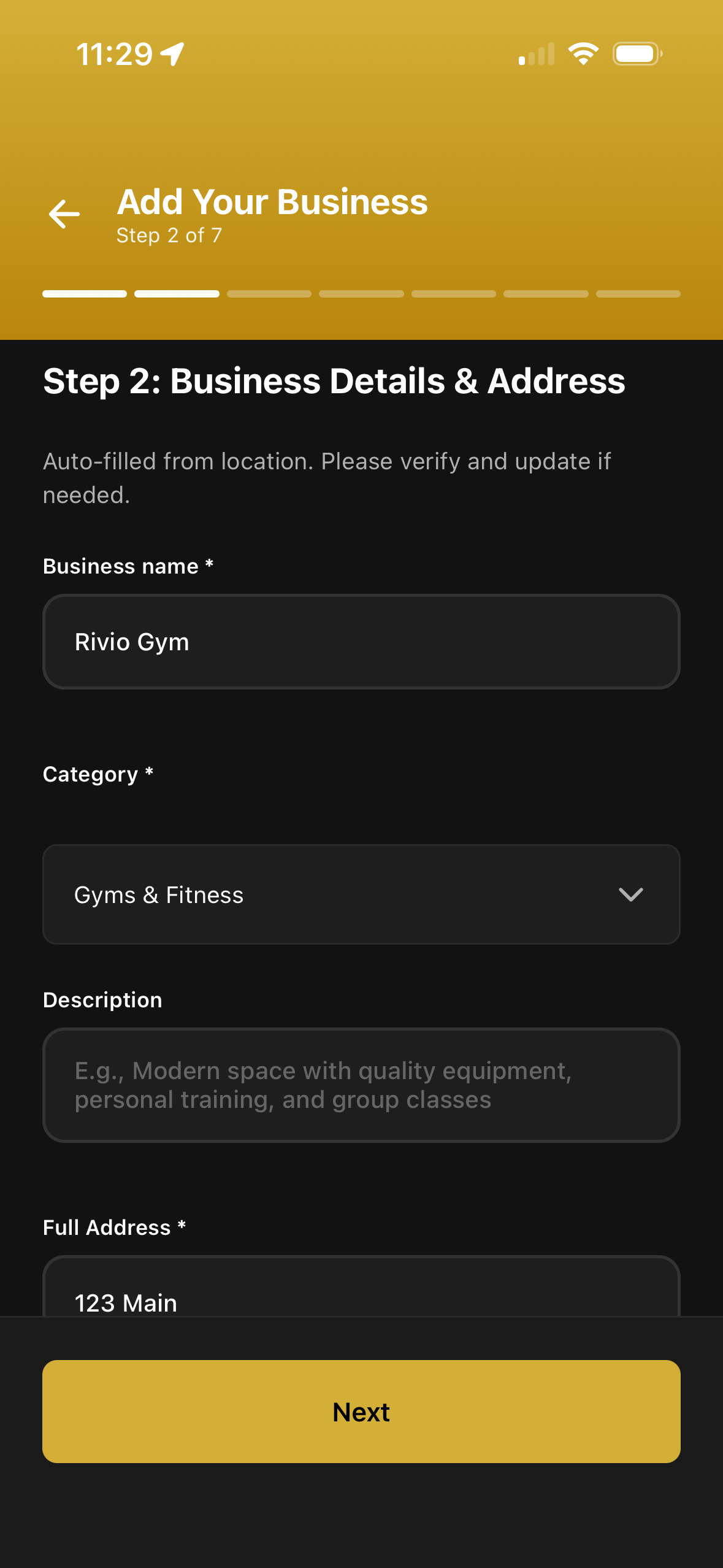 Business Details screen in the Rivio Business App