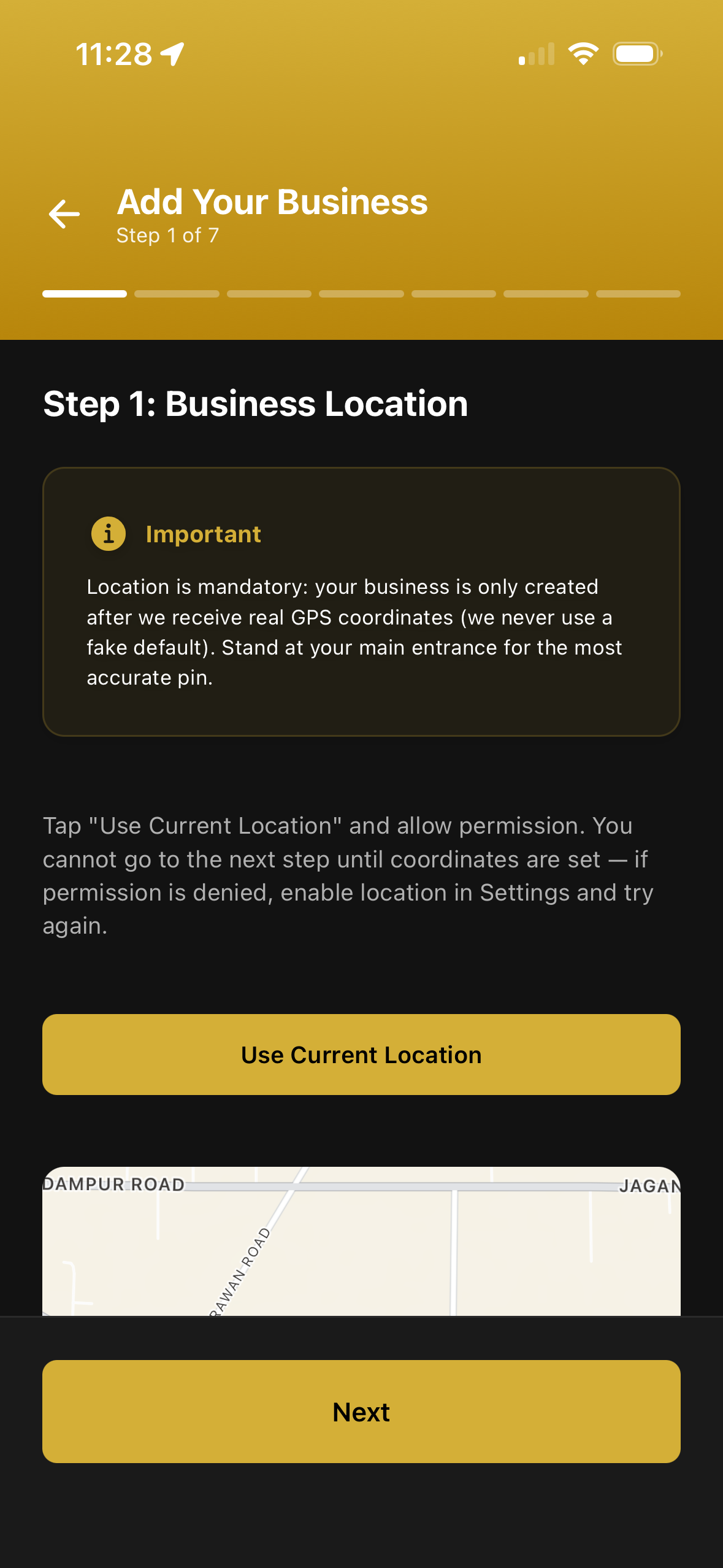 Business Location screen in the Rivio Business App