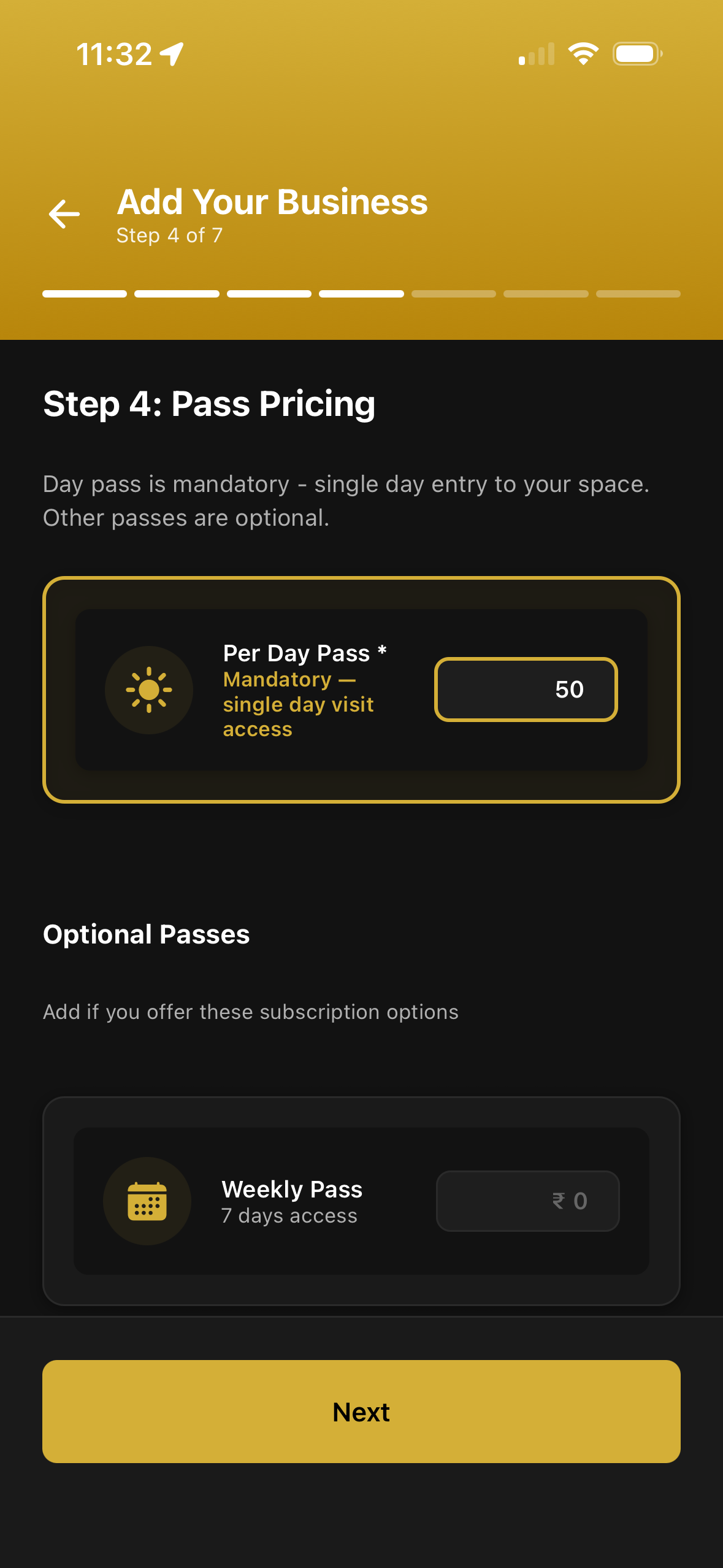 Pricing & Passes screen in the Rivio Business App