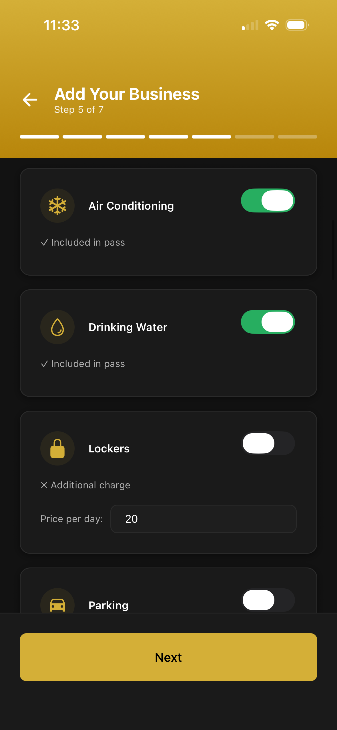 Amenities screen in the Rivio Business App