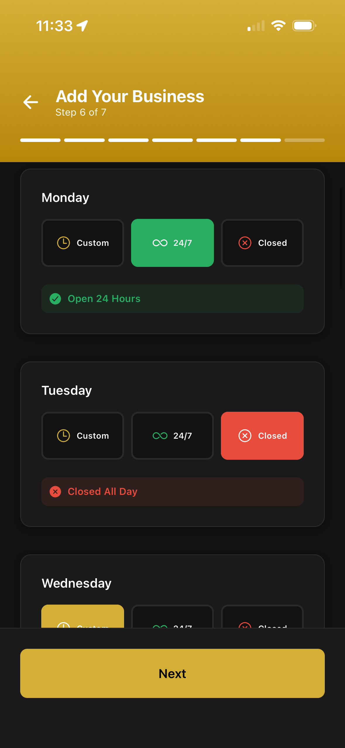 Opening Hours screen in the Rivio Business App