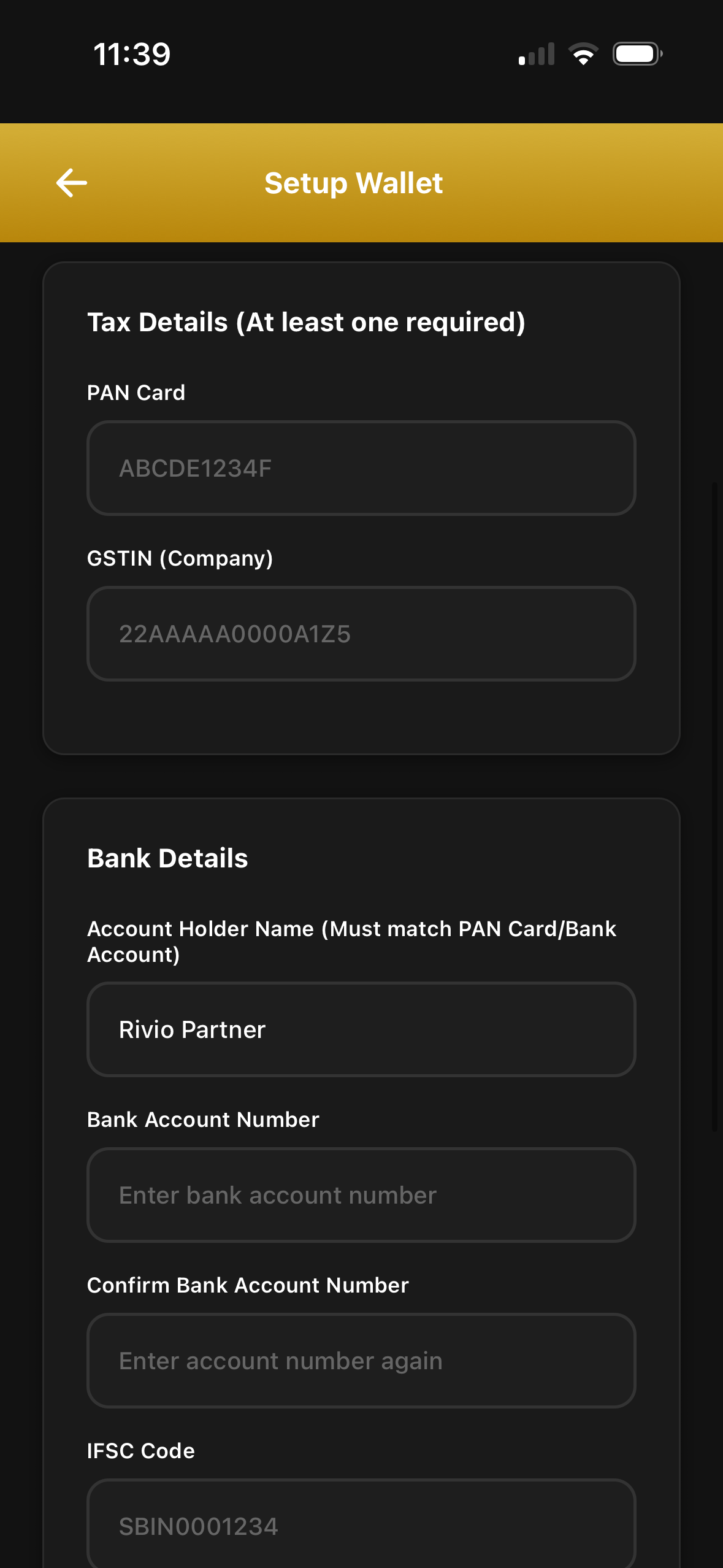 Setup Wallet screen in the Rivio Business App